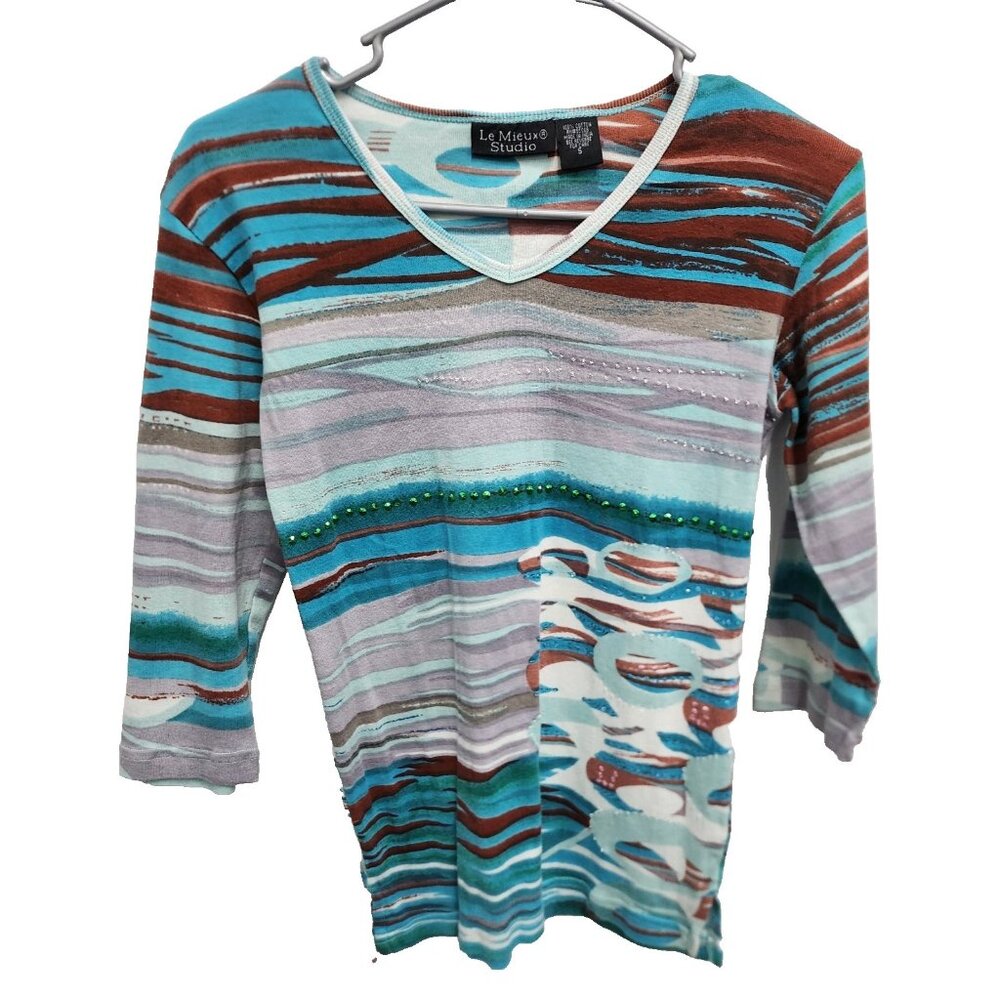 Le Mieux Studio Womens Wearble art Top Small Watercolor‎ Abstract Beaded Casual